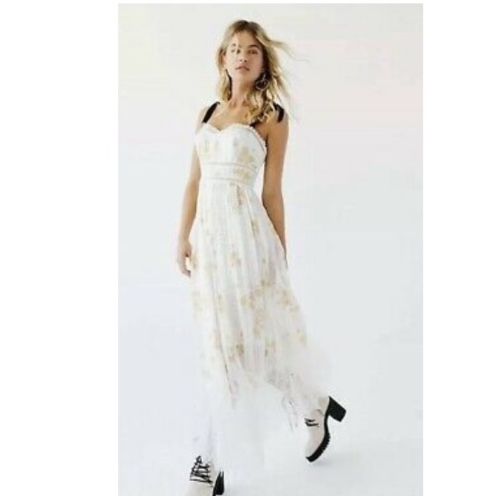 Free People White Maxi Dress with Yellow Floral Print